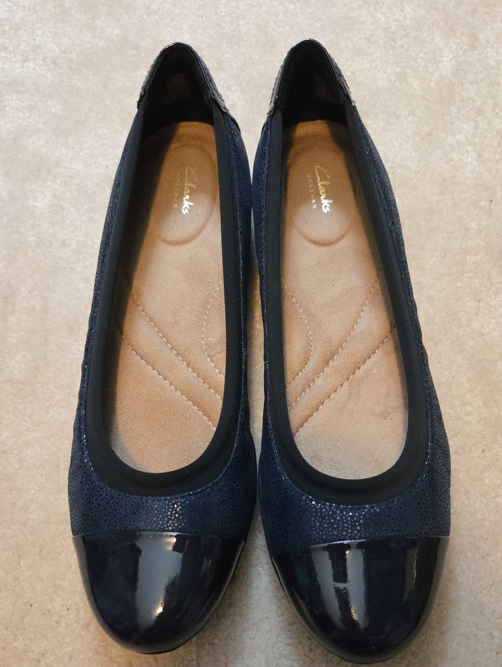 Clarks Navy Patent Toe Ballet Flats